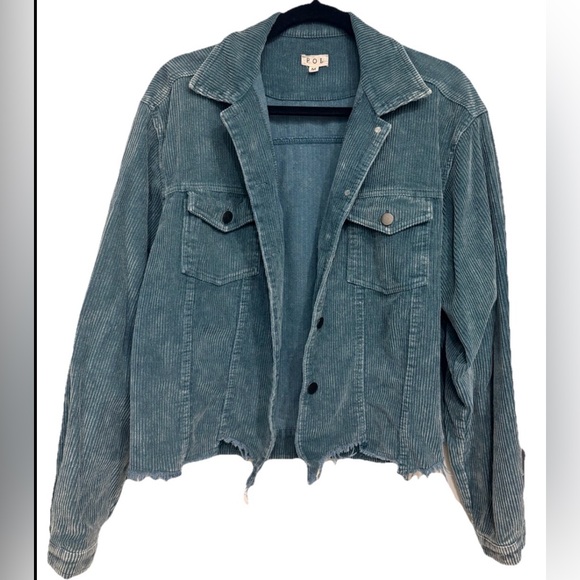 POL Blue Button Down Corduroy Trucker Jacket with Raw Hem Teal, Size Medium - Picture 4 of 12